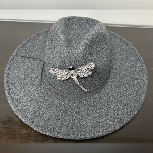 Gray Fedora Hat with Dragonfly Brooch/Pendent